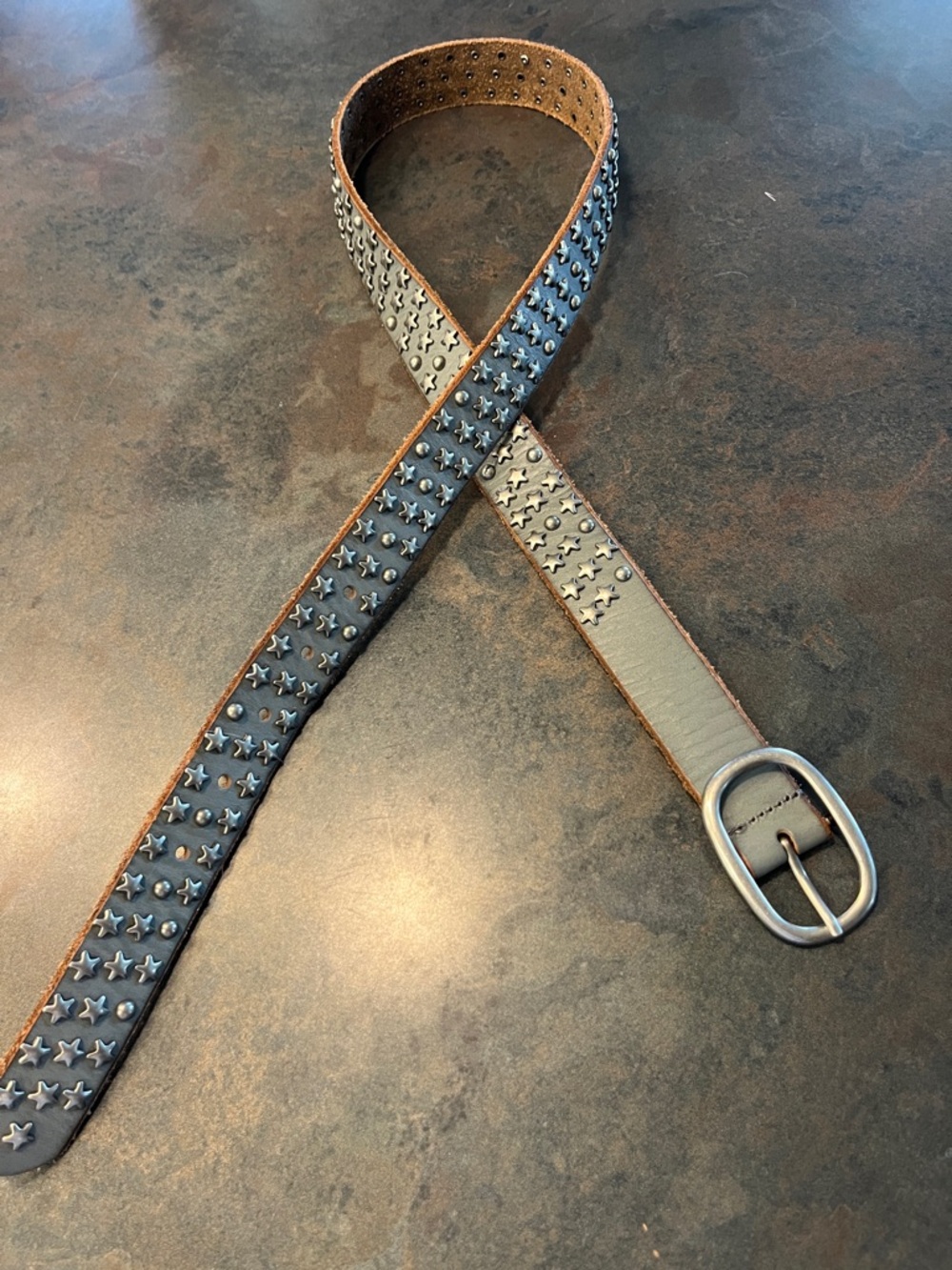 Genuine Leather Silver Star Studded Belt Grey Boho Retro